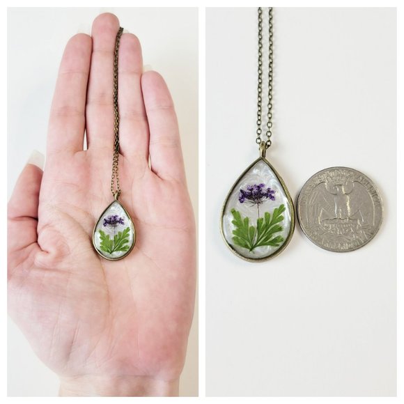 Floral Teardrop Necklace Purple and Green Pressed Dried Flower Teardrop Pendant - Picture 6 of 10